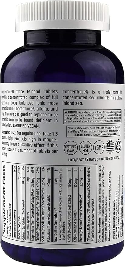 Trace Minerals ConcenTrace Trace Minerals Tablets - Daily Supplement for Overall Wellness - Natural Energy, Bone Strength, Healthy Connective Tissue & Immune System Support - 90 Count (30 Servings)