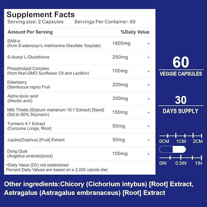 1800mg Sam-e Supplement with Alpha Lipoic Acid + Turmeric, Elderberry, Jujube Extract, Support Liver Health, Boost Immune System, 60 Capsules