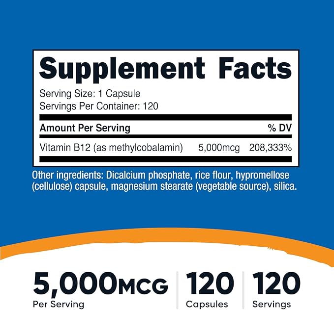 Nutricost Vitamin B12 (Methylcobalamin) 5000mcg, 120 Capsules - Vegetarian Caps, Non-GMO, Gluten Free B12 Supplement