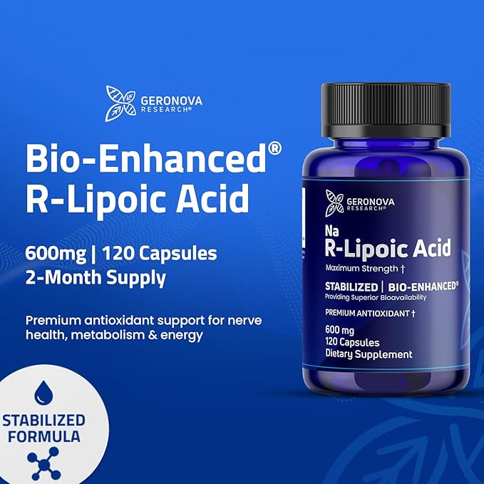 Geronova Research Bio-Enhanced R-Lipoic Acid, 600 mg Dose - 2 Month Supply - Stabilized R Alpha Lipoic Acid with Enhanced Absorption - R Lipoic Acid Supplement - 120 Capsules