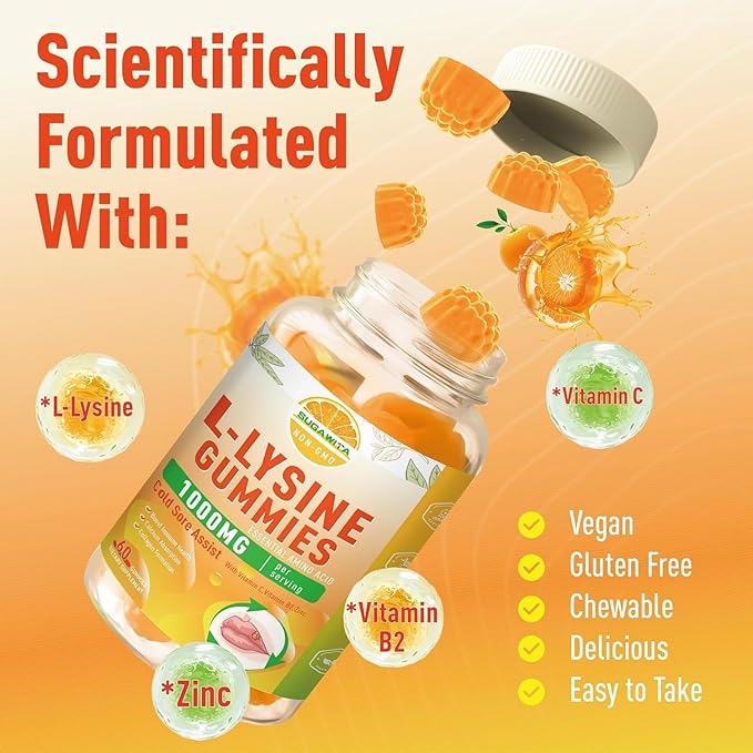 L-Lysine Gummies 1000 mg, Cold Sore Supplement with Immune Support for Lips & Oral, Chewable L Lysine Gummies for Adults & Kids, Boost Immune & Collagen, Non-GMO, Vegan, Gluten Free - 60 Counts
