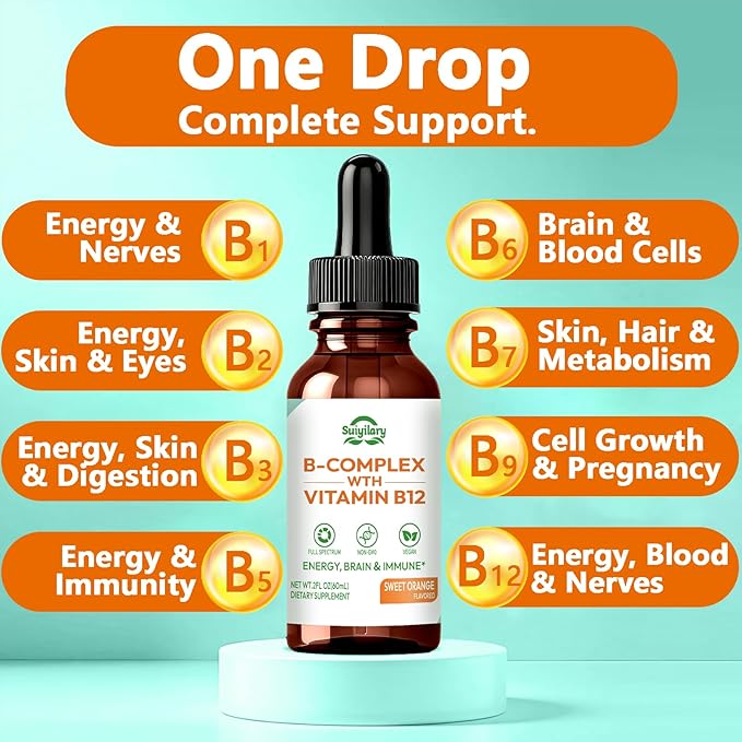 Vitamin B Complex Liquid Drops, B12 Methylcobalamin, B9 Folic, Vitamin C, Immune, Energy Metabolism, Brain & Heart Support, Orange Flavor, 60ml