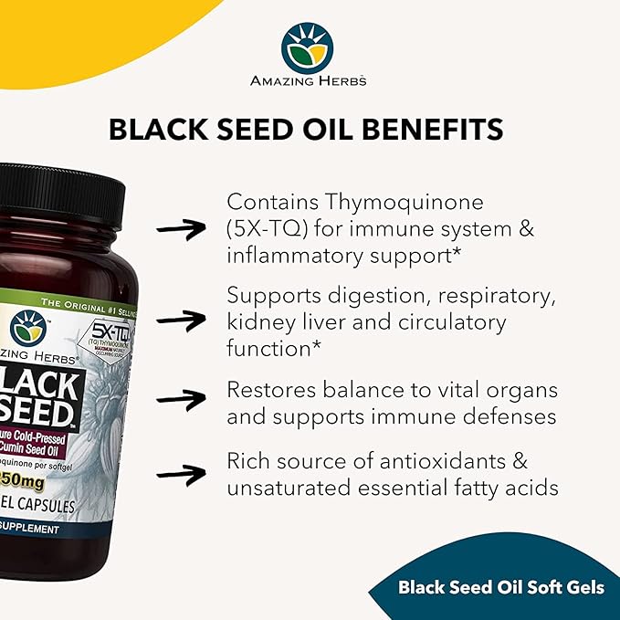 Amazing Herbs Premium Black Seed Oil Capsules - High Potency, Cold Pressed Nigella Sativa Aids in Digestive Health, Immune Support & Brain Function - 1250mg (60 Count, Pack of 3)