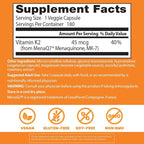 Doctor's Best Natural Vitamin K2 MK7 Supplement for Men & Women - Bone Health Support, 45 mcg Vitamin K-2 MK-7 Capsules with MenaQ7, Calcium Support, Non GMO, Vegan - 180 Veg Caps