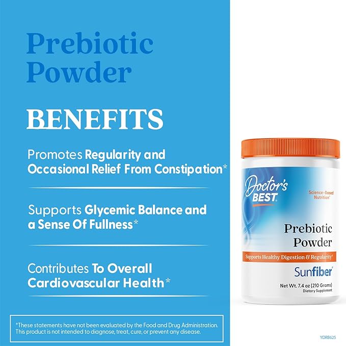 Doctor's Best Prebiotic Powder Supplement with Sunfiber Guar Fiber - Digestive Health & Nutrition Support for Women & Men, Unflavored, Easy Dissolve, Gluten Free, Non GMO, Vegan - 7.4 oz