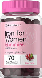 Horbäach Iron Gummies for Women | 70 Count | Grape Flavor | Supplement with B Vitamins Folate and Zinc | Vegan, Non-GMO & Gluten Free