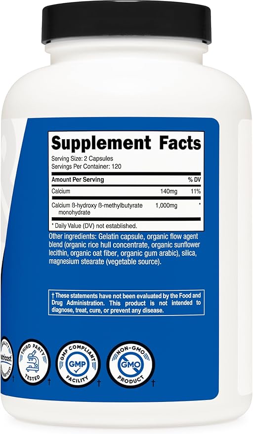 Nutricost HMB (Beta-Hydroxy Beta-Methylbutyrate) 1000mg (240 Capsules) - 500mg Per Capsule, 120 Servings - Gluten Free and Non-GMO