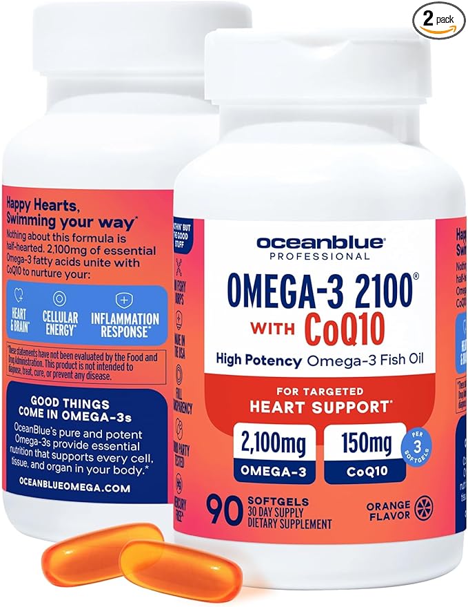 Oceanblue Omega 3 2100 with CoQ10 | Triple Strength Fish Oil Combo Supplement | High Potency 1350mg EPA 650mg DHA with 150mg CoQ10 | Orange Flavor | Heart Support | 90 Softgels | Pack of 2