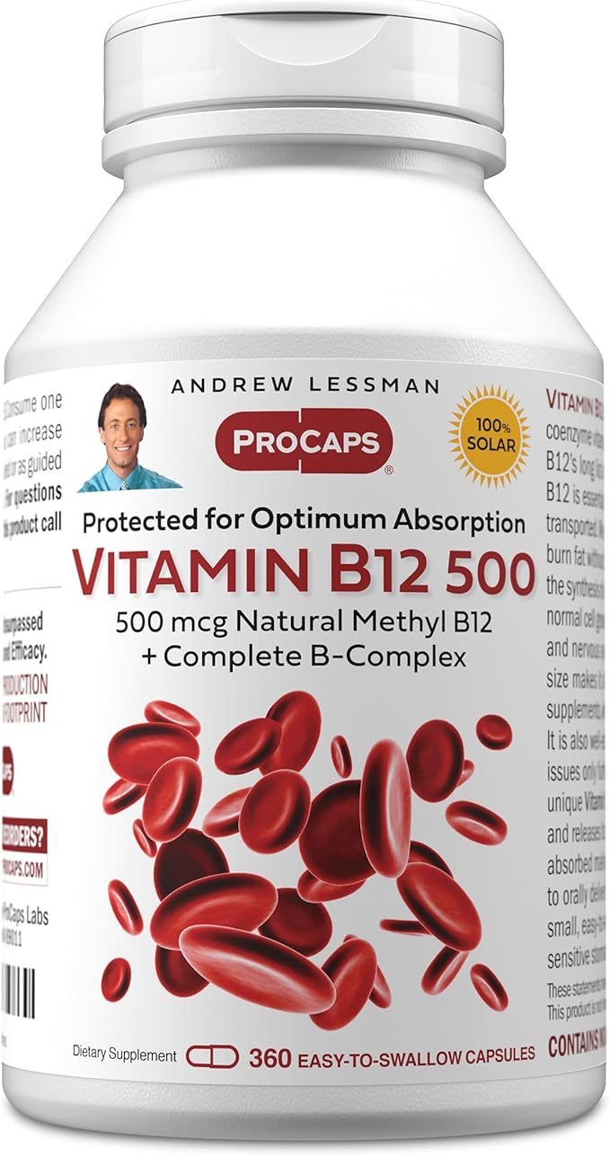 ANDREW LESSMAN Vitamin B12 500 360 Capsules - Absorption-Protected Methylcobalamin (Natural Coenzyme Vitamin B12), Essential for Energy and Stress Support, Plus B-Complex, Easy to Swallow Capsules