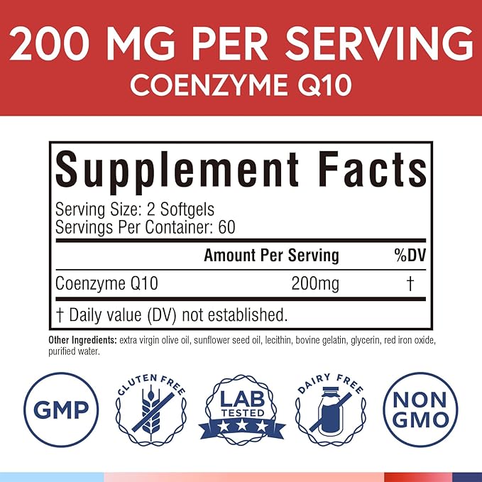 Terranics CoQ10 200mg, Coenzyme Q10 Supplement with Extra Virgin Olive Oil for Enhanced Absorption, Made in USA, Supports Heart Health, Antioxidant Protection, Energy Production, Non-GMO, 120 Softgels