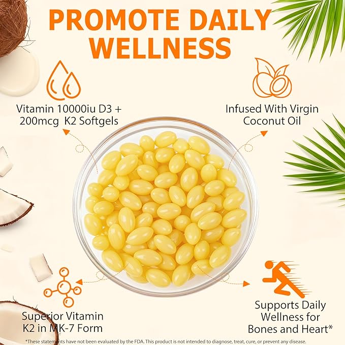 Vitamin D3 K2, D3 K2 Vitamin 10000 iu Supplement With Coconut Oil Softgels, 2 in 1 Formula 200 mcg (MK-7) Complex Softgels Support Calcium Absorption, Immune, Bone Health D3 K2 Vitamin - 120 Softgels