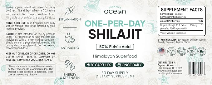 Organics Ocean One-Per-Day Shilajit for Men and Women - Natural and Potent Shilajit Supplement for Age-Defying, Bone Strength, Hormone Support and More - 6 Bottles Capsules
