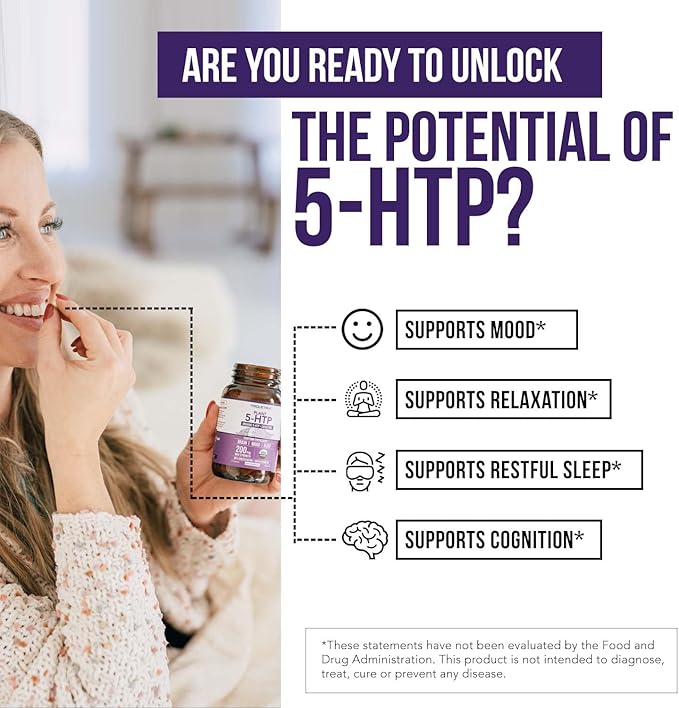 Organic 5-HTP - 200 mg | 99% 5HTP Concentration, Plus Cofactor Vitamin B6 & Lion’s Mane | Water Extracted from Organic Griffonia Seeds | Supports Mood, Cognition & Sleep (60 Capsules | 30 Servings)
