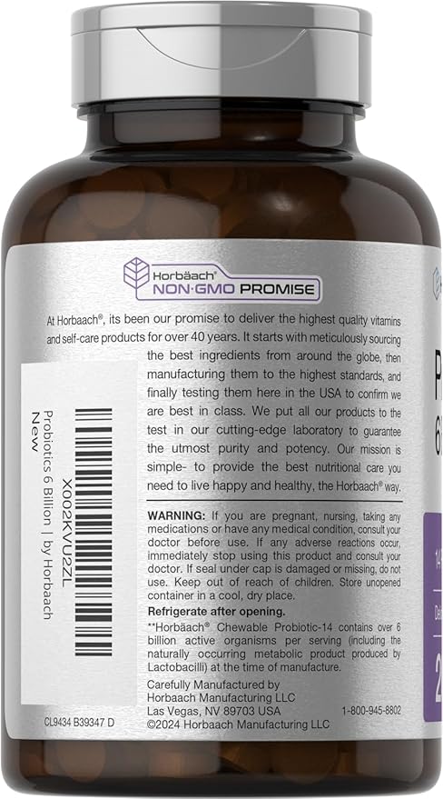 Horbäach Probiotics 6 Billion CFUs | 200 Chewable Tablets | Berry Flavor | 14 Probiotic Strains | Vegetarian, Non-GMO & Gluten Free Supplement for Men & Women