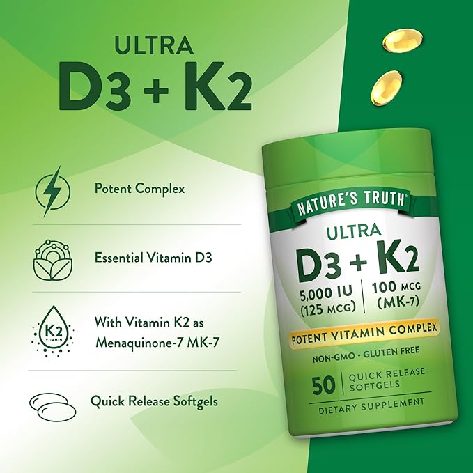 Nature's Truth Vitamin K2 MK7 Complex | 100 mcg | 50 Softgels | with D3 | Non-GMO & Gluten Free Supplement