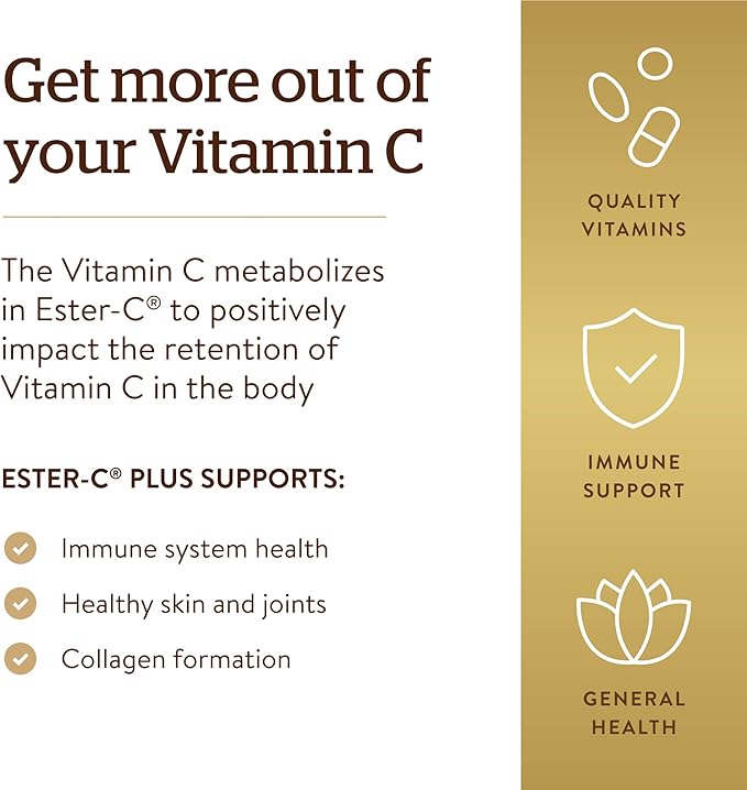 Solgar Ester-C Plus 1000 mg Vitamin C (Ascorbate Complex), 60 Tablets - Gentle On The Stomach & Non Acidic - Antioxidant & Immune System Support - Non GMO, Vegan, Gluten-Free, Kosher - 60 Servings