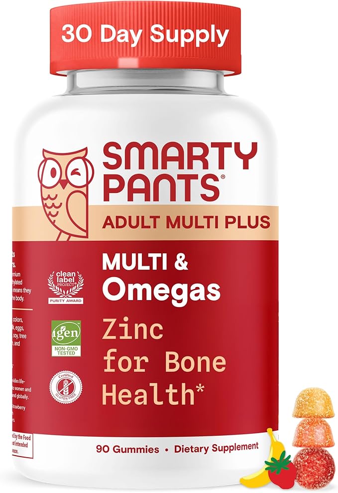 SmartyPants Multivitamin for Men & Women, Multivitamin Gummies with Omega 3 (DHA/EPA), Vitamin D3, C, Vitamin B12, B6, A, K & Zinc, Biotin, Gluten Free, 90 Count (30 Day Supply)