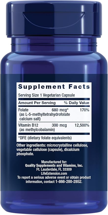 Life Extension BioActive Folate & Vitamin B12, Promotes Heart, Brain & GI Tract Health, Non-GMO, Gluten-Free, Vegetarian, 90 Capsules