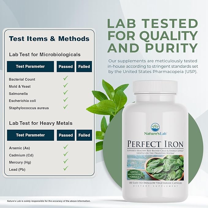 Nature's Lab Perfect Iron 25mg Dietary Supplement - Gentle Non-Constipating Formula - Supports Healthy Red Blood Cells & Energy Levels - 180 Capsules (6 Month Supply)