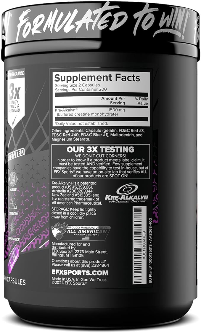 EFX Sports Kre-Alkalyn EFX | pH Correct Creatine Monohydrate Pill Supplement | Strength, Muscle Growth & Performance | 200 Servings, 400 Capsules