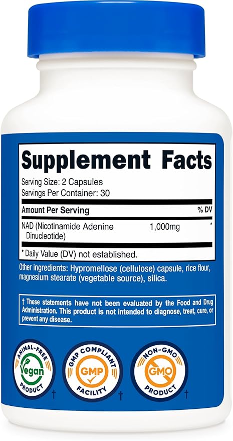 Nutricost NAD+ Supplement (1,000mg) 60 Capsules - Nicotinamide Adenine Dinucleotide, Vegan, GMO-Free, Gluten-Free, 30 Servings