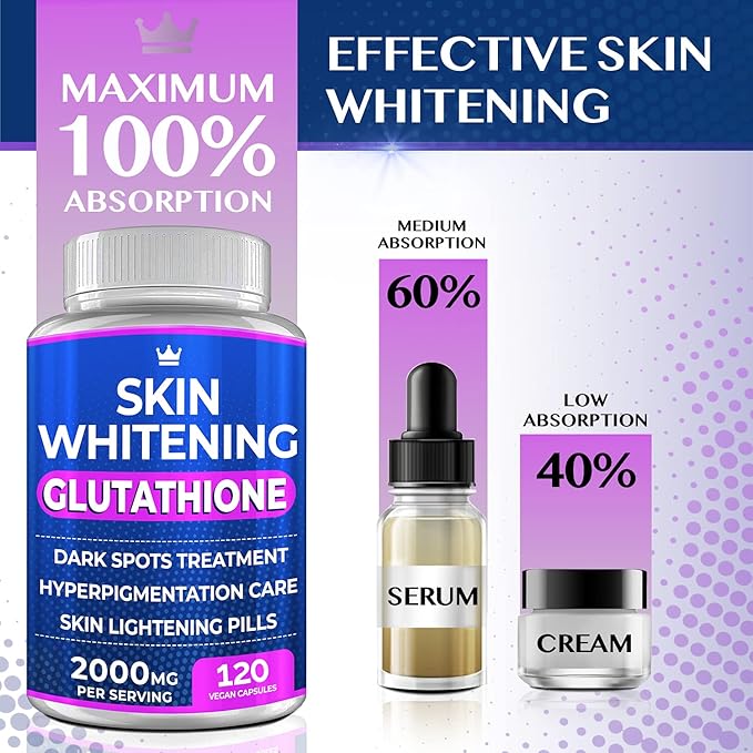 Glutathione Whitening Pills - 120 Capsules 2000mg Glutathione - Effective Skin Lightening Supplement - Dark Spots, Melasma & Acne Scar Remover, Hyperpigmentation Treatment - Anti-Aging Antioxidant