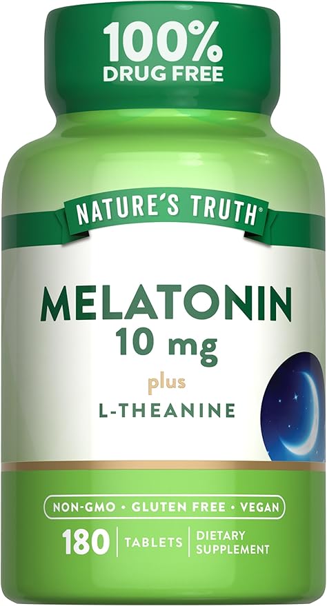 Nature's Truth Melatonin Tablets | 10mg | 180 Count | with L-Theanine | 100% Drug Free Supplement for Adults | Vegan, Non-GMO & Gluten Free