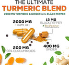 Turmeric Curcumin Supplement - 2000mg Organic Turmeric Per Serving - 95% Curcuminoids, Ginger & BioPerine Black Pepper for Best Absorption - Natural Vegan Joint Support, Bottled in USA - 120 Capsules