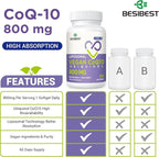 Liposomal Ubiquinol CoQ10 800 MG Softgel, High Absorption CoQ10 Ubiquinol Supplement, Active Coenzyme Q10 800mg, Powerful Antioxidant for Heart & Brain Function, Energy Production, 120 Vegan Softgels