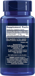 Life Extension Iron Protein Plus, Iron Protein succinylate, absorbable Iron Supplement for Whole-Body Health, Non-GMO, Gluten-Free, Vegetarian, 100 Capsules