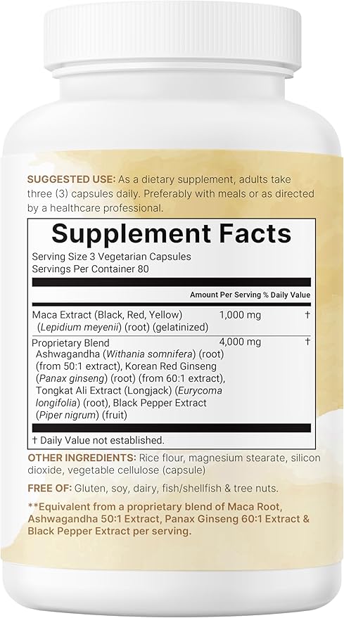 Maca Root Capsules for Women & Men 5,000mg | 240 Veggie Capsules with Ashwagandha, Red, Black, Yellow Maca Root, Panax Ginseng, Tongkat Ali & Black Pepper