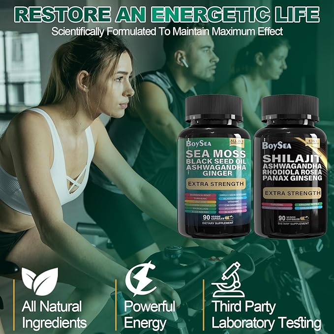 Boysea.Shilajit and Sea Moss Bundle- 90 Count - Sea Moss, Black Seed Oil, Ashwagandha, Ginger & Shilajit, Rhodiola Rosea, All in 1 Supplements (2 Pc)