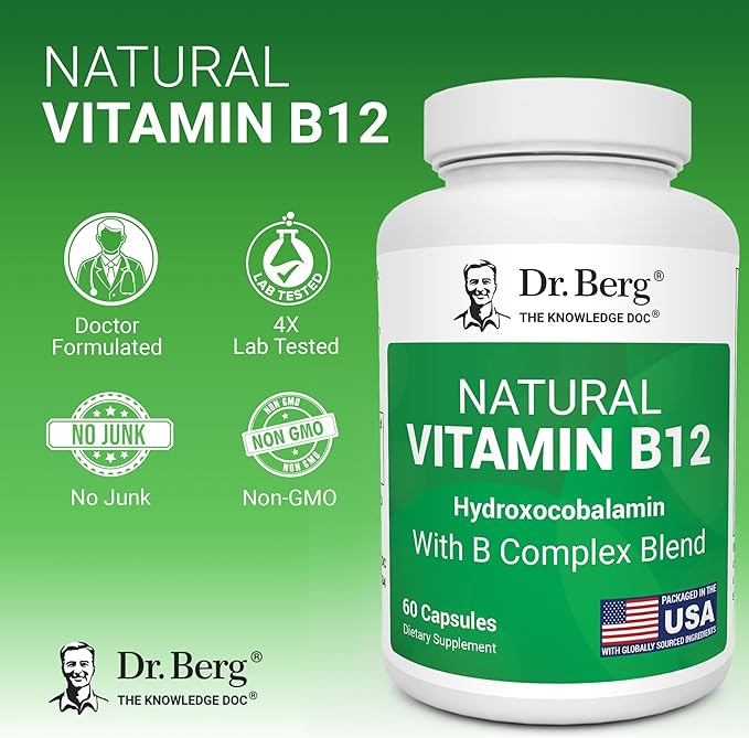 Dr. Berg Natural Vitamin B12 1000 mcg (Hydroxocobalamin) 60 Capsules – Energy, Brain & Nervous System Support* – w/B-Complex + Magnesium – 4X Lab Tested, GMO-Free, No Fillers