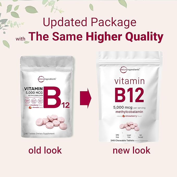 Micro Ingredients Vitamin B12 5,000 mcg | Methylcobalamin – 240 Chewable Tablets | Fast Dissolve, Natural Strawberry Flavor | Vegan, Non-GMO, Gluten Free