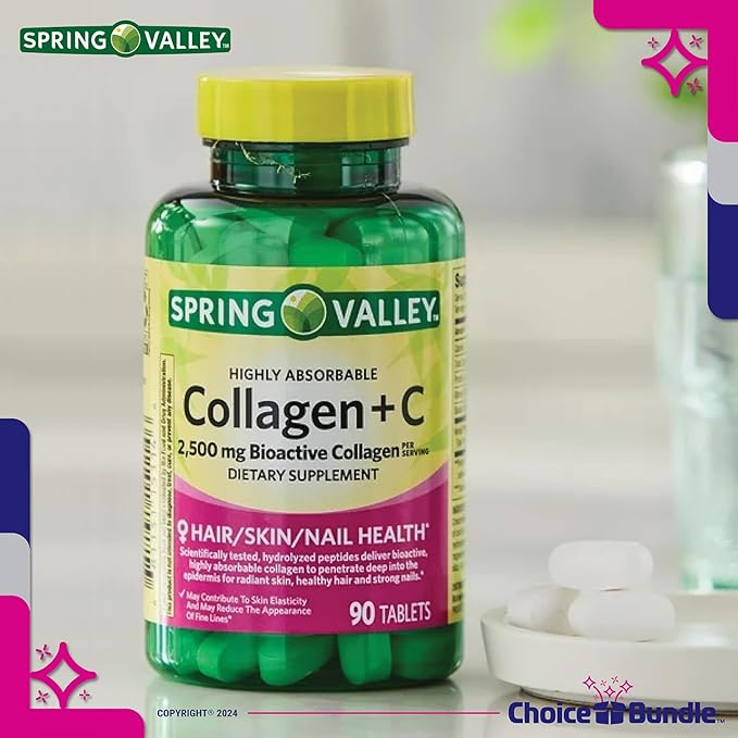 Spring Valley Highly Absorbable Collagen + Vitamin C Tablets Hair Skin Nail Health 2500 mg 90 Ct 3 pk (270 Total) + Vitamin Vitality & Pill Container (5 Items)!