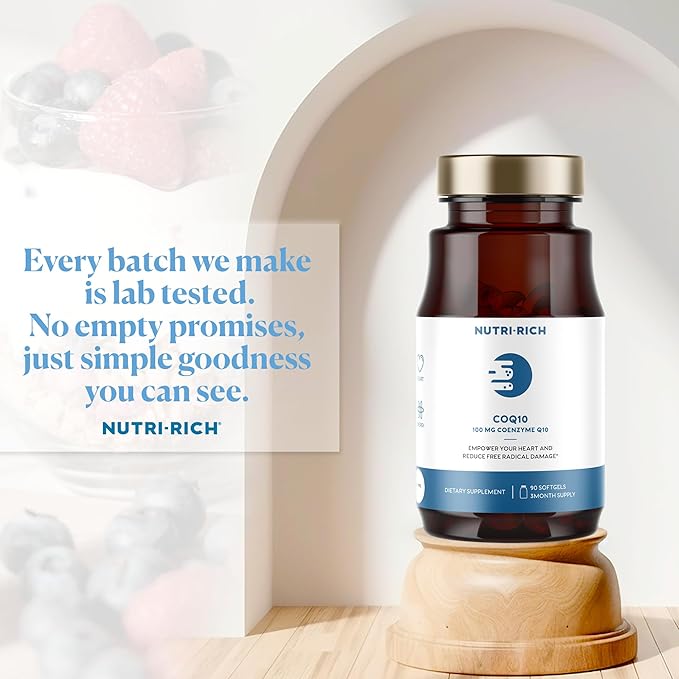 Nutri-Rich CoQ10 Softgels, Coenzyme Q10 Ubiquinone for Heart & Energy, Statin Usage & Cellular Health, Third Party Tested, GMP Quality, No Artificial Additives, No Soy, Gluten Free, 90 Count