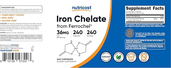 Nutricost Chelated Iron, As Ferrochel, 36mg, 240 Capsules