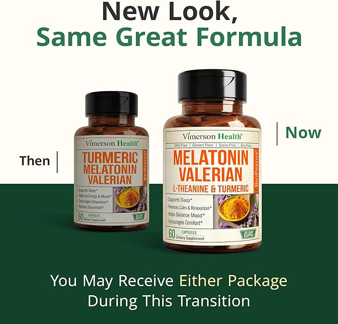 Melatonin 3mg Sleep Aid with L-Theanine & Valerian Root – Turmeric Curcumin Supplement with Ginger & Black Pepper – Organic Turmeric Supplement for Sleep, Calm and Stress Relief Support – 60 Capsules