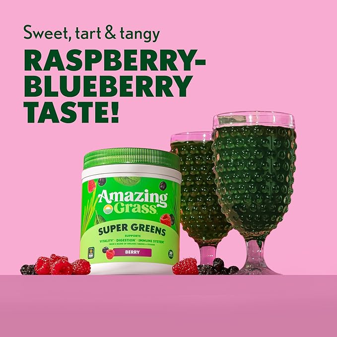Amazing Grass Greens Superfood Powder: Greens Powder with Digestive Enzymes & Probiotics, Organic Spirulina, Chlorella, and Beet Root Powder, Berry, 30 Servings (Packaging May Vary)