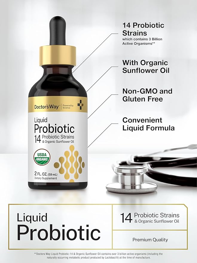 Doctor's Way Liquid Probiotic for Women and Men | 3 Billion CFU | 2 fl oz | 14 Strains with Organic Sunflower Oil | Non-GMO, Gluten Free Supplement