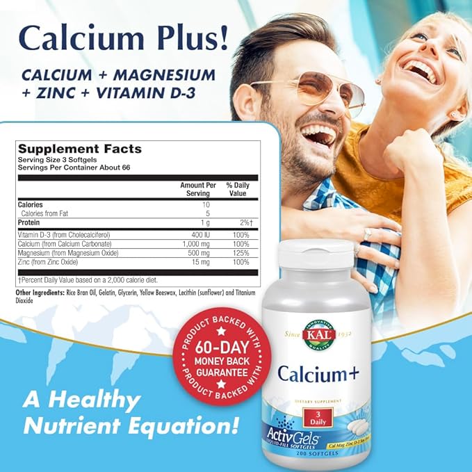 KAL Calcium Plus Softgels - 1000mg per Serving, Calcium, Magnesium, Zinc, & D3 Supplement, for Men and Women - 200 Count Softgels