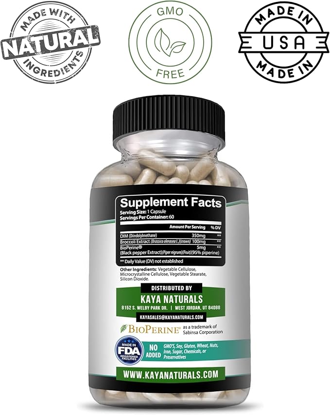 Kaya Naturals DIM Ultra | Supplement for Women and Men | Vegetable Capsules with Broccoli Extract & BioPerine | Herbal Supplement for Hormonal Support, Acne, Menopause, and Prostate – 60 Count
