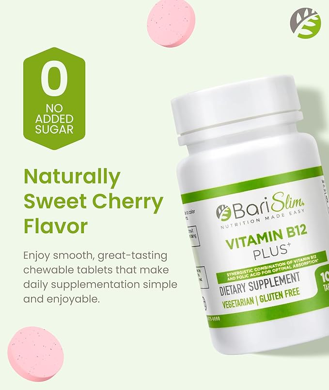 BariSlim Vitamin B12 Plus Tablets - Bariatric Formulated for Post Weight Loss Surgery, Including Gastric Bypass & Gastric Sleeve - Supports Energy Levels & Overall Health | Cherry Flavor
