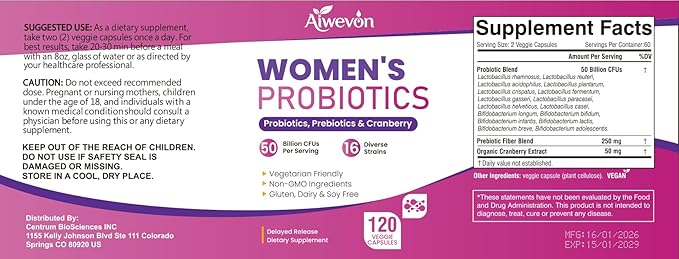 Women Probiotics 50 Billion CFU: Probiotics for Women with Prebiotics & Cranberry, 16 Strain Probiotic Supplement for Digestive Gut Health, Vaginal & Urinary Tract Support Vegan Probiotic 120 Capsules
