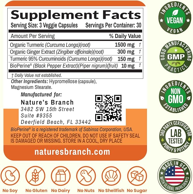 Turmeric and Ginger Supplement - Organic Turmeric & BioPerine - 95% Curcuminoids for Joint Support & Digestion | High Absorption Black Pepper Extract, Vegan, Curcumin Pills, Extra Strength 90 Capsules
