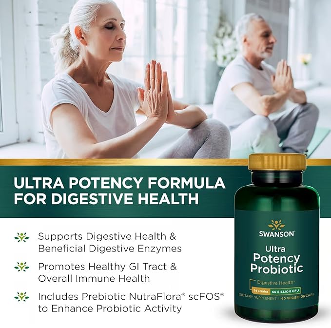 Swanson Ultra Potency Probiotic Digestive Health Immune System Support 66 Billion CFU Prebiotic NutraFlora scFOS 60 DRcaps Veggie Capsules (Caps) (2 Pack)
