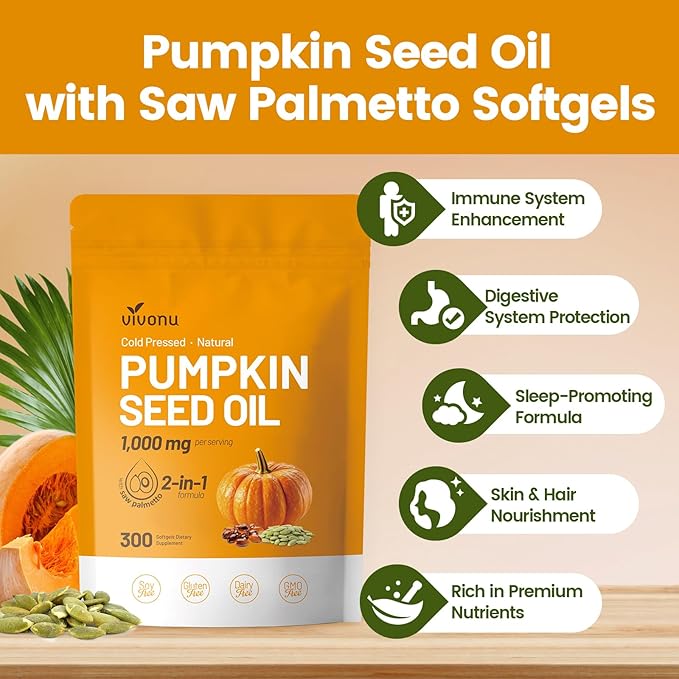 VivoNu Organic Pumpkin Seed Oil Capsules,Cold Pressed Pumpkin Seed Oil with Saw Palmetto Capsules, for Prostate Health, BPH Support, Hair Growth & Bladder Control - Non-GMO, Sugar-Free, 300 Softgels