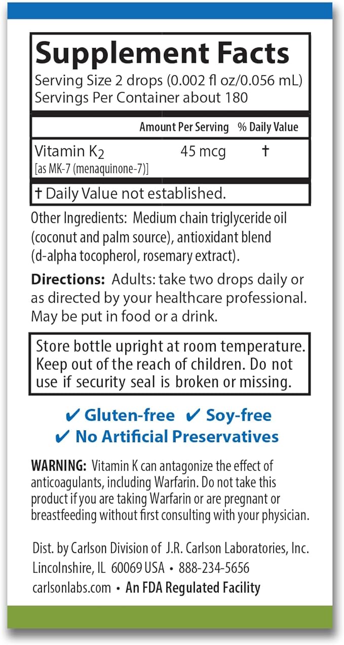 Carlson - Super Daily K2, 45 mcg Liquid Vitamin K, Bone Health, K2 Vitamin, Vitamin K Supplement, Vitamin K-2 MK7, Unflavored, 360 Drops (10.16 mL)