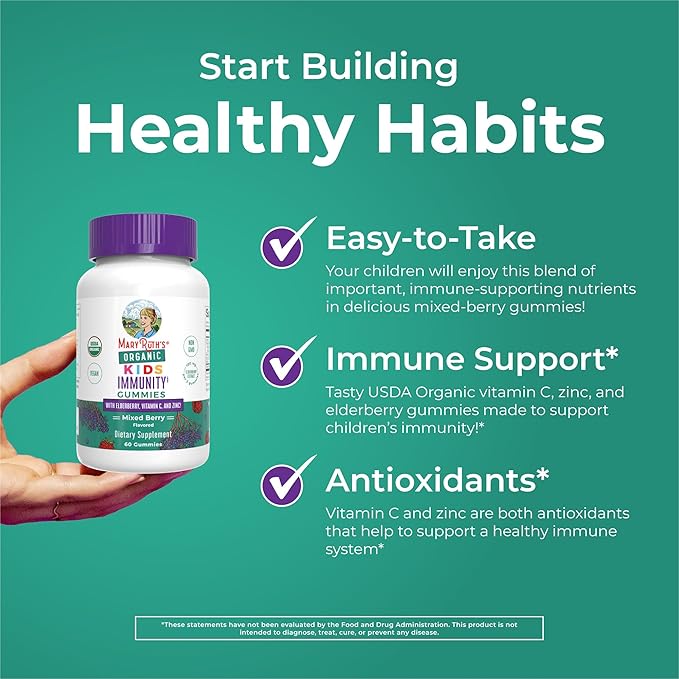 MaryRuth Organics Kids Immune Support Gummies | USDA Organic | Vitamin C, Zinc, and Elderberry Gummies for Kids| Immune Support for Ages 4+ | Vegan | Non-GMO | Gluten Free | 60 Count