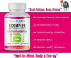 B Complex with Vitamin C, Folic Acid, Iron, Choline & Magnesium - Advanced High Potency B1, B2, B3, B5, B6, B7, B9, B12 - Energy & Nervous System Support - Vegan, Non-GMO 120 Tablets